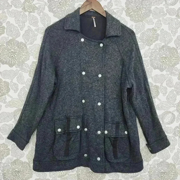 Free People Linen Blend Womens XS Gray Double Breasted Coat Jacket With Pockets - Picture 1 of 7